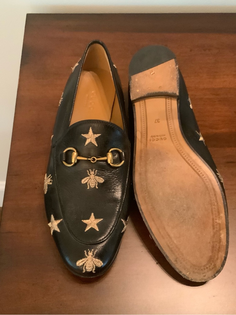 Gucci Black Leather Women's Bit Loafers with Gold Embroidered Bees & Stars - Picture 3 of 3